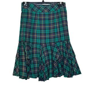 Vtg 1980's Green Plaid 100% Cotton LizSport Ruffled Hem Mini Skirt Size 6
